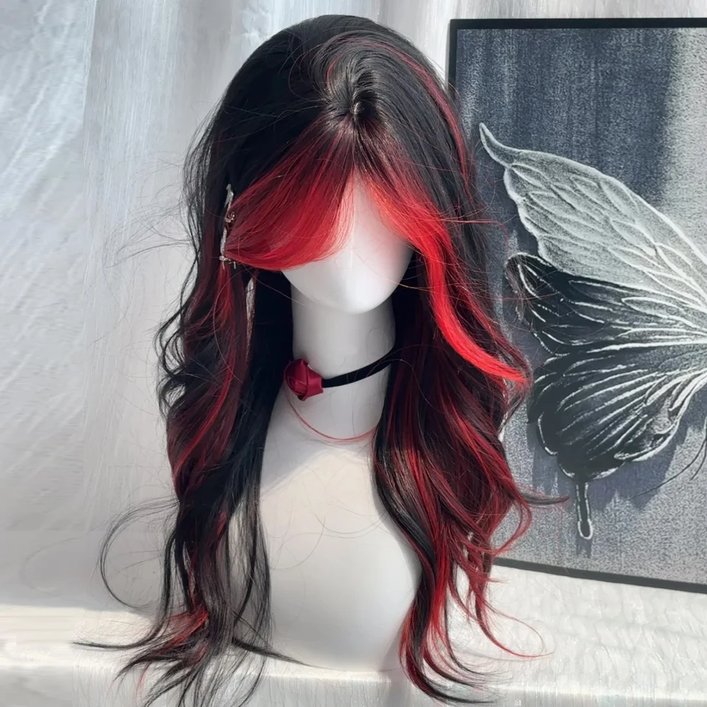 Schwarze Ombre-rote geschichtete Perücke, synthetische lange gewellte Damen-Perücke, flauschig, im Lolita-Stil, Mittelteil für die tägliche Party – Detail 3