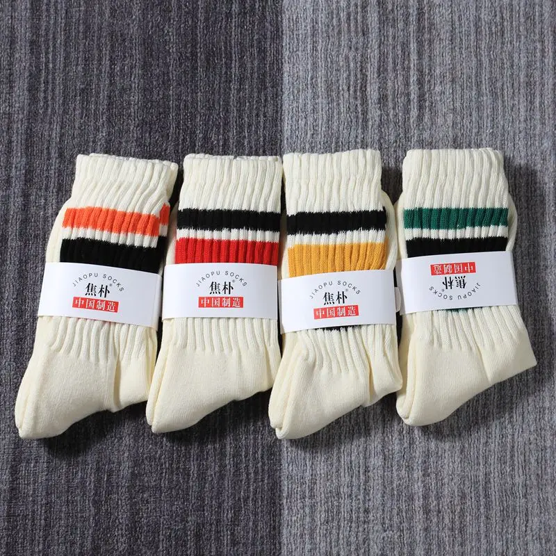 Thick Towel Bottom Sports Socks Men's and Women's Orange Black Red Green Stripes Stacked Solid Color Cotton Sports