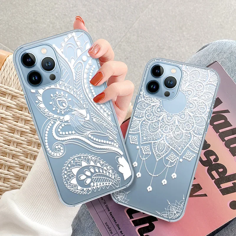 

Phone Case For iPhone 13 12 11 Pro Max Mini 6s 7 8 Plus X XR XS Max 5 5s SE 2 2020 White Mandala Flower Clear Soft TPU Cover