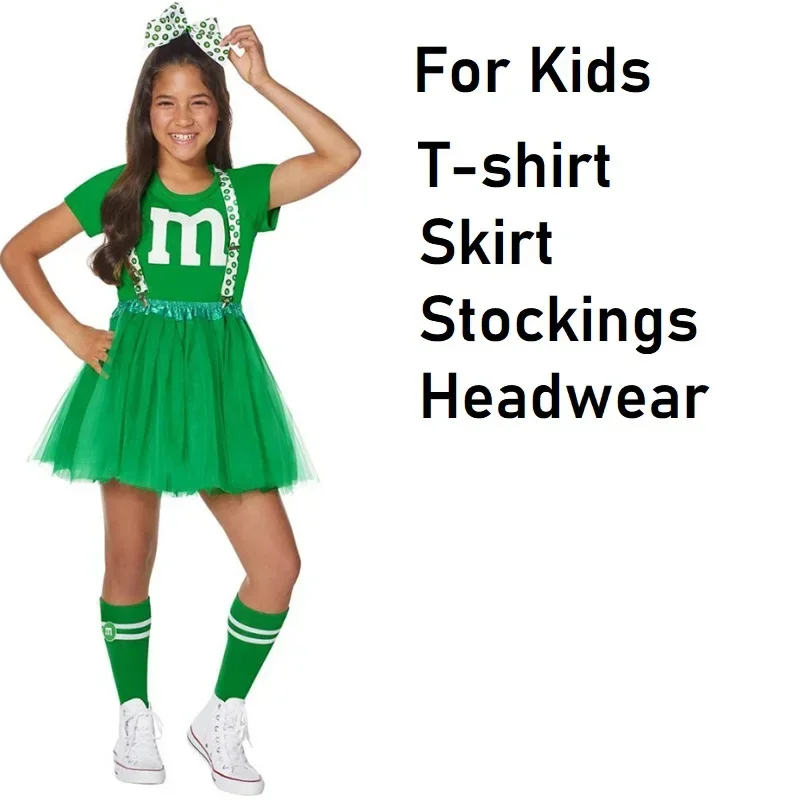 New 2025 Kids M & M's Costume Cheerleader Uniform Kit with Suspender Family Games Parents-Child Clothing Outfits T-Shirt BlX158