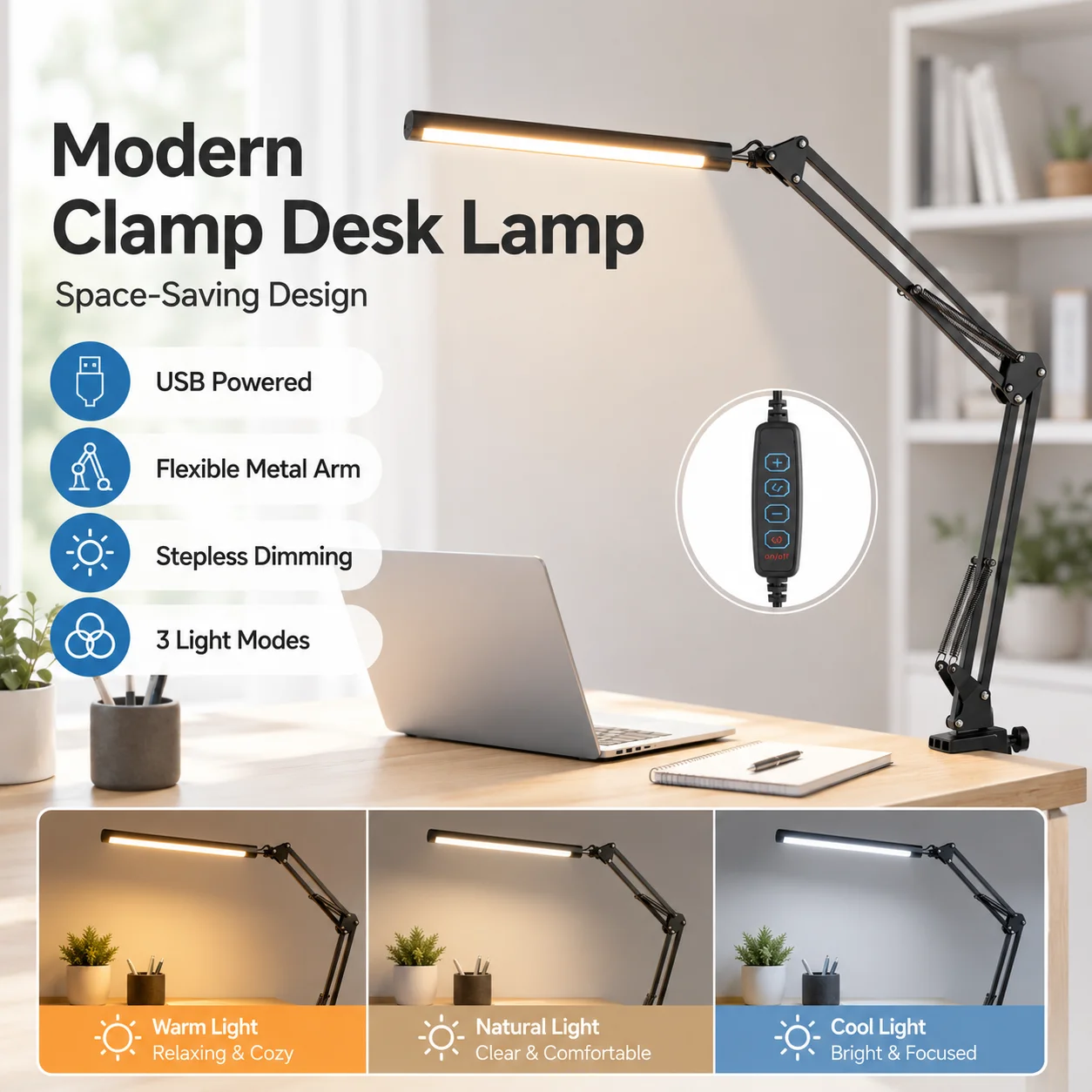 Lampe de bureau LED USB à intensité variable, pliable, en métal, 360° ° Lampe de lecture et d'étude réglable à 3 modes de couleur pour la protection des yeux, idéale pour la salle d'étude