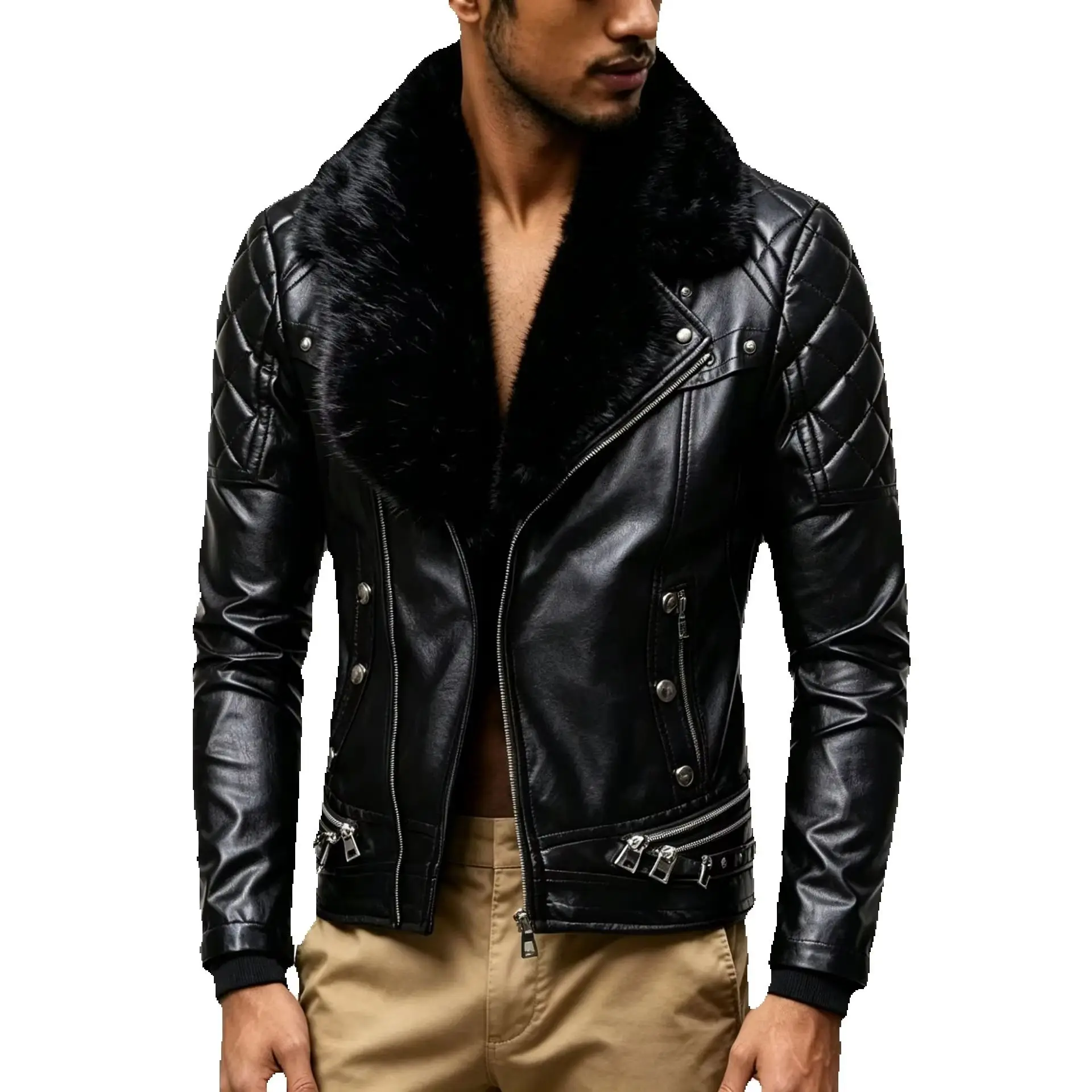 Men's Punk Leather Jacket with Detachable Fur Collar Rivets Thickened Plush Windproof Motorcycle Style