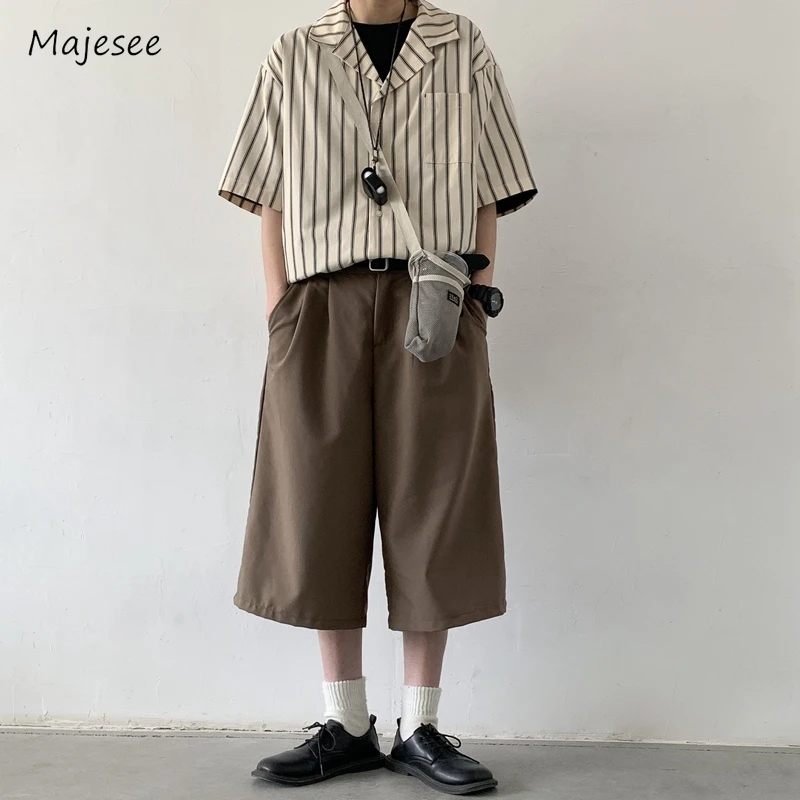 Shirts Men Summer Daily Streetwear Khaki Harajuku Half Sleeve Striped Casual Oversize Tops All-match Japanese Style Loose Trendy