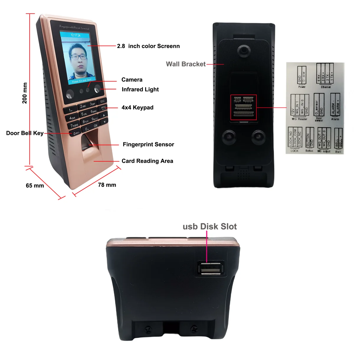 Sistema de Control de acceso con huella dactilar Facial, dispositivo biométrico con WiFi, TCP/IP, tiempo y asistencia de los dedos