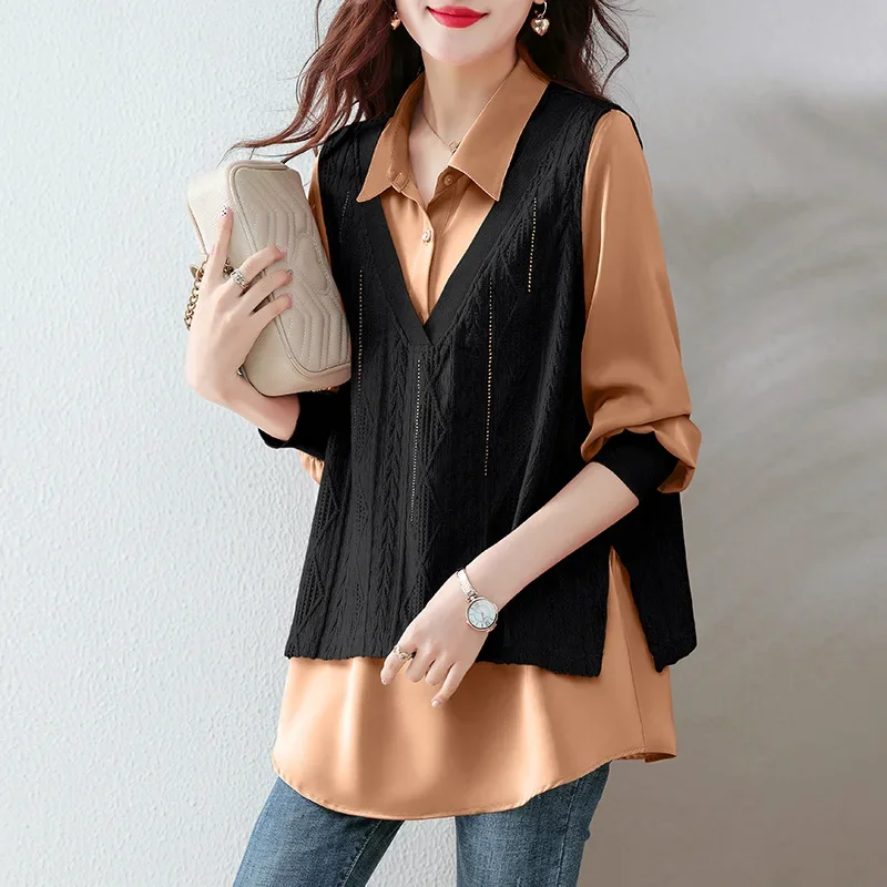 

Розовая женская шифоновая рубашка-поло с эффектом двухслойности, весна-осень 2025, новая европейская модель свободного кроя в иностранном стиле, с длинными рукавами