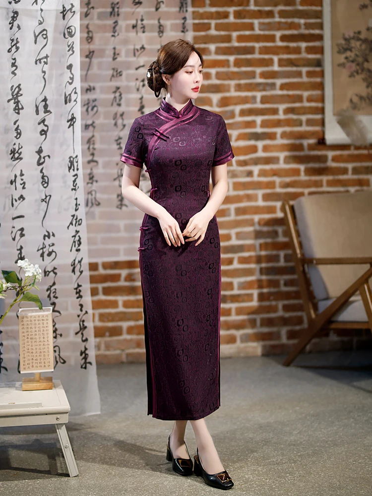 Yourqipao Summer Long Silk Purple Cheongsam Catwalk Banquet Retro Event Host Qipao Chinese Style Wedding Evening Dress for Women