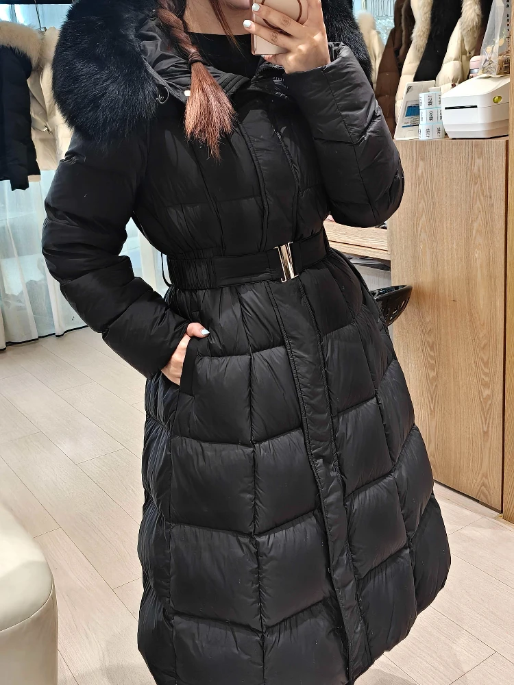 Women Long Winter Puffer Coat Fur Hood Belted Waist Zip Closure Side Pockets Warm Loose Outerwear for Cold Weather Daily Wear