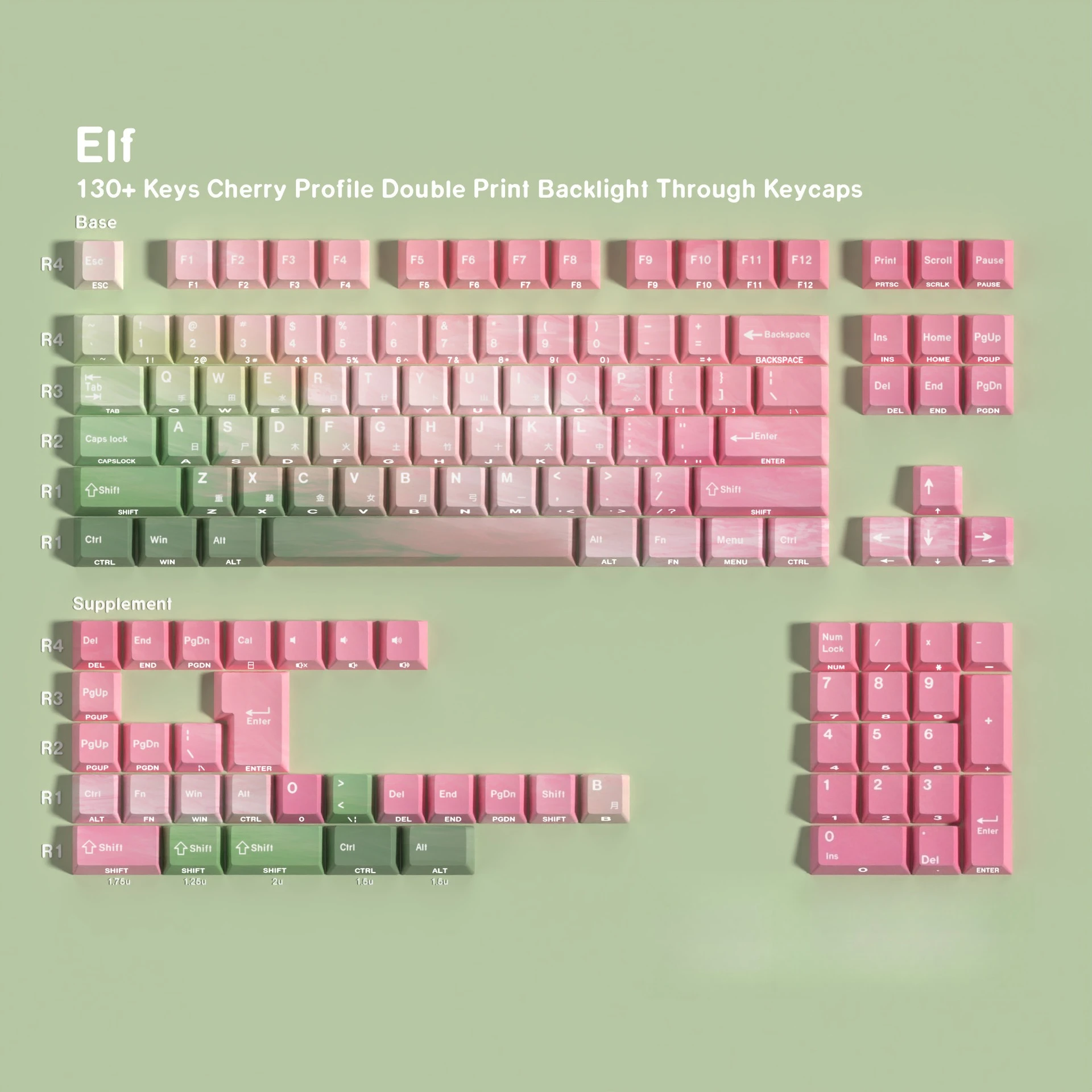 

130 клавиш Elf с двойной гравировкой из ПБТ OEM-профиля, колпачки для клавиш DE/ES/FR/RU/KO EU, для игровых механических клавиатур