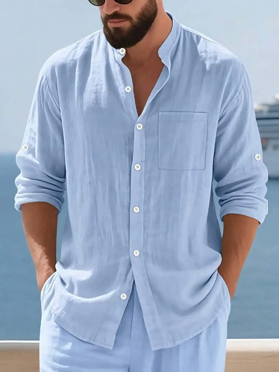 

Men's Light Blue Linen Stand Collar Shirt, Button Front with Chest Pocket & Roll-Up Sleeves