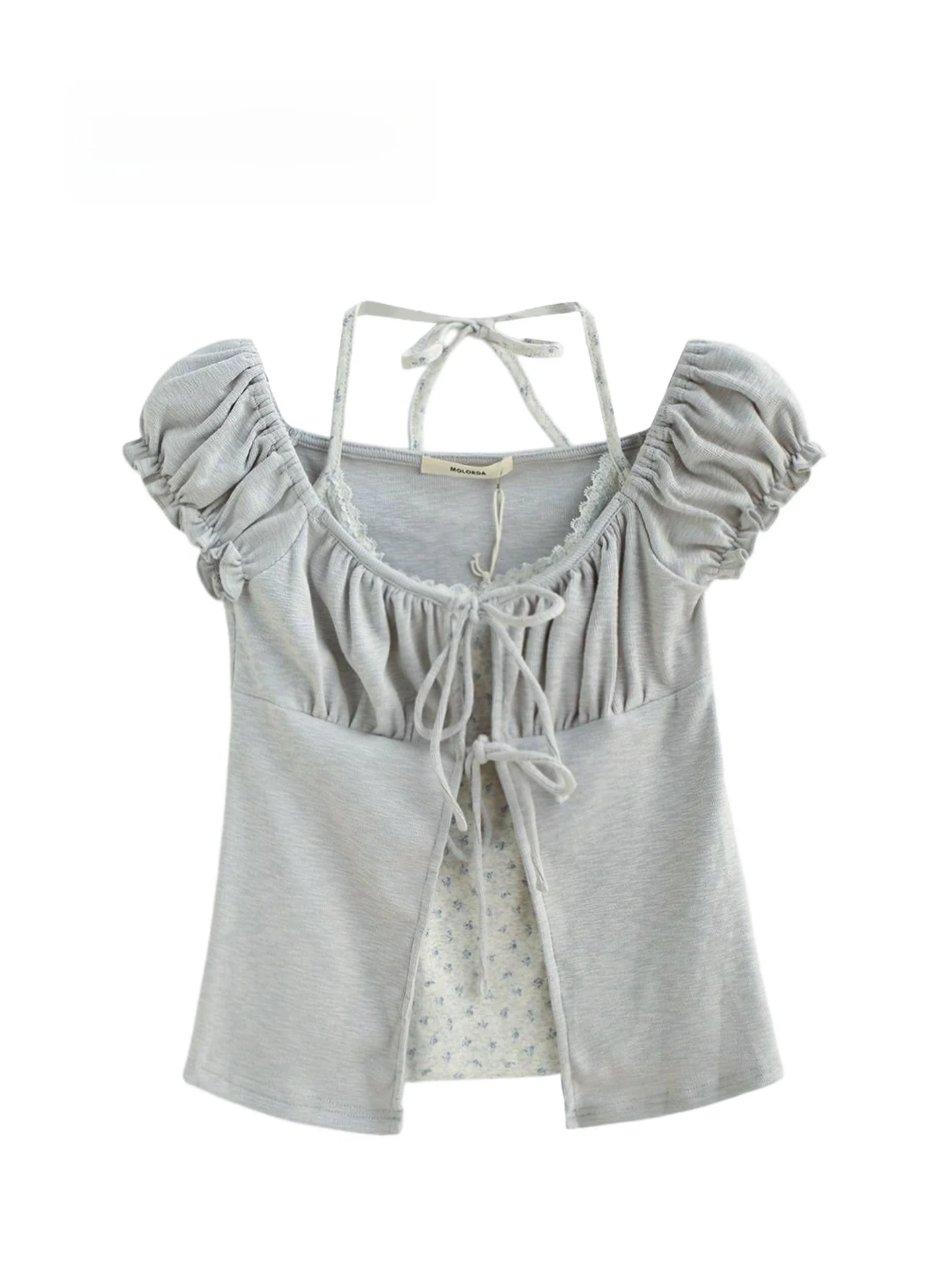 

Summer New Pure Desire Sweet Spicy Short Sleeve T-Shirt Women's Top Knot Floral Print Hanging Neck Design Korean St...