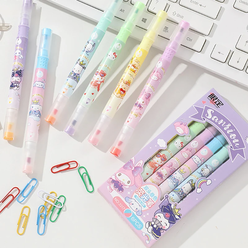 6Pcs/Box Sanrio Kuromi Highlighter Pen Double Headed Kawaii Fluorescence Colour School Supplies Marker Stationery Accessories