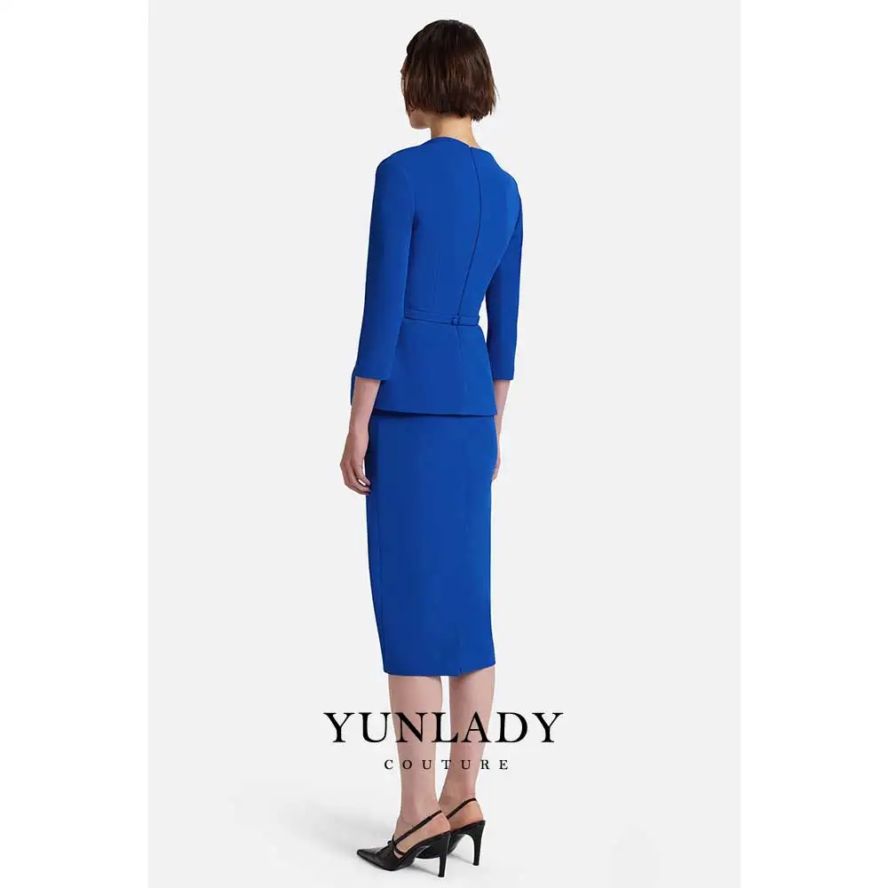 YUNLAN Customized 2 Pieces Cocktail Dress Blue 3/4 Sleeves Modern Cocktail Gowns for Women 2026 Tea Length Formal Party Dress