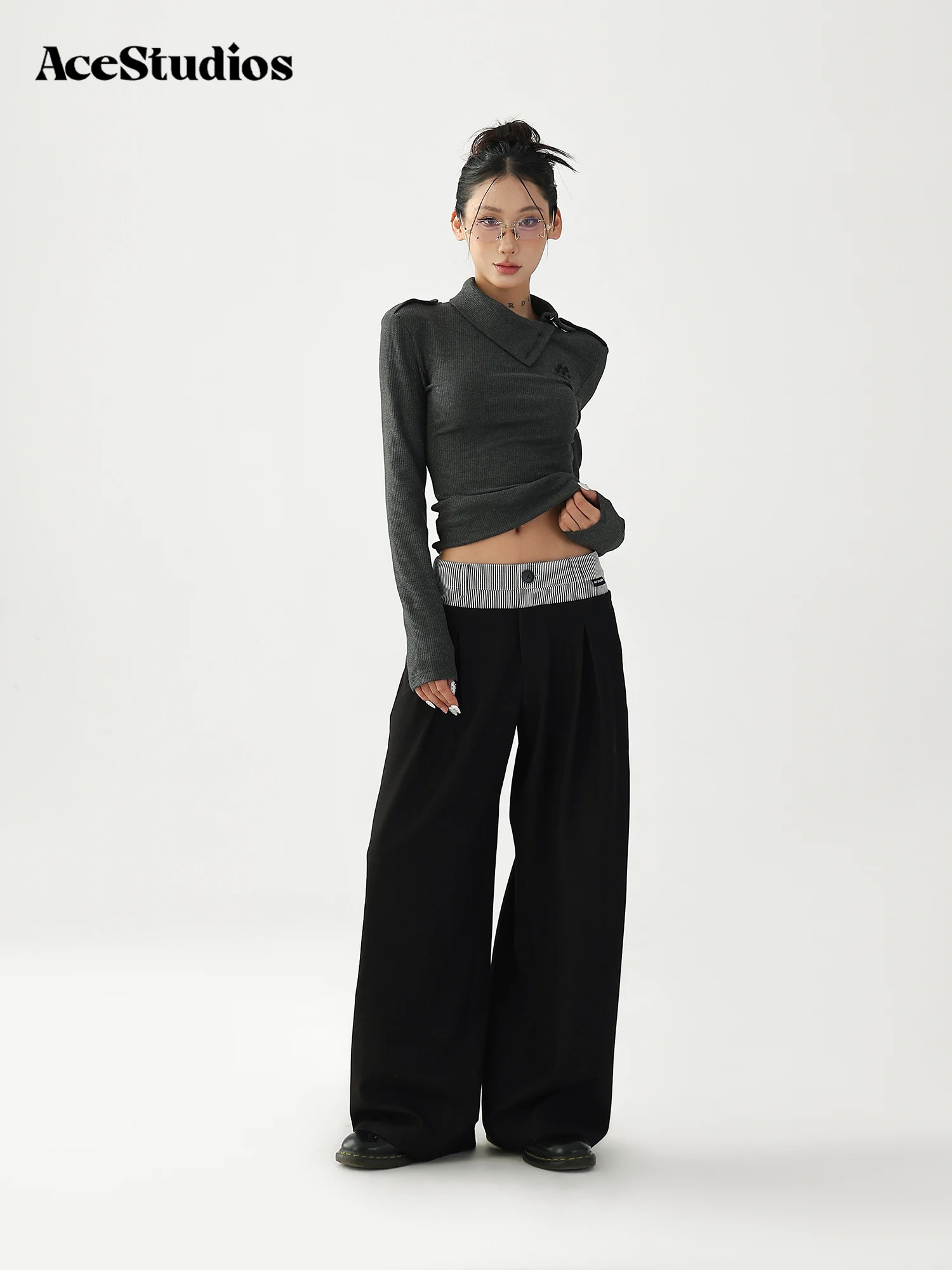 Elegant High Waist Pleated Wide Leg Casual Pants Double Waist Design Fake Two-Piece Suit Commute Style Polyester Blend