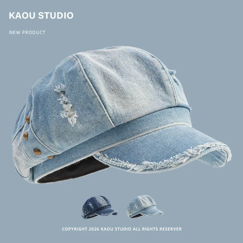 Japanische gewaschene Denim-Oktagon-Mützen, Herbstmode, Y2k-Stil, mit Löchern, Nieten, personalisierte Baskenmütze für Damen – Detail 1