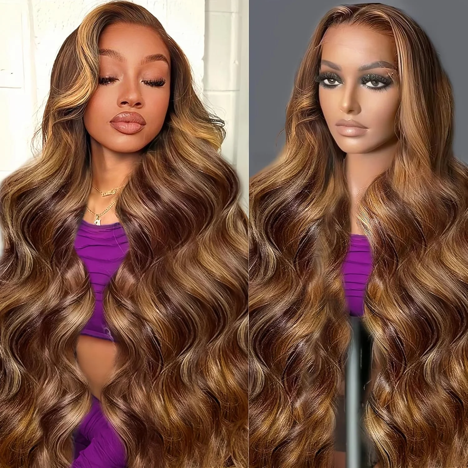 

Ombre Lace Front Wig Human Hair 200% Density 46 Inch 13x6 Highlight Lace Frontal Wig 4/27 Body Wave HD Lace Wigs Pre Plucked