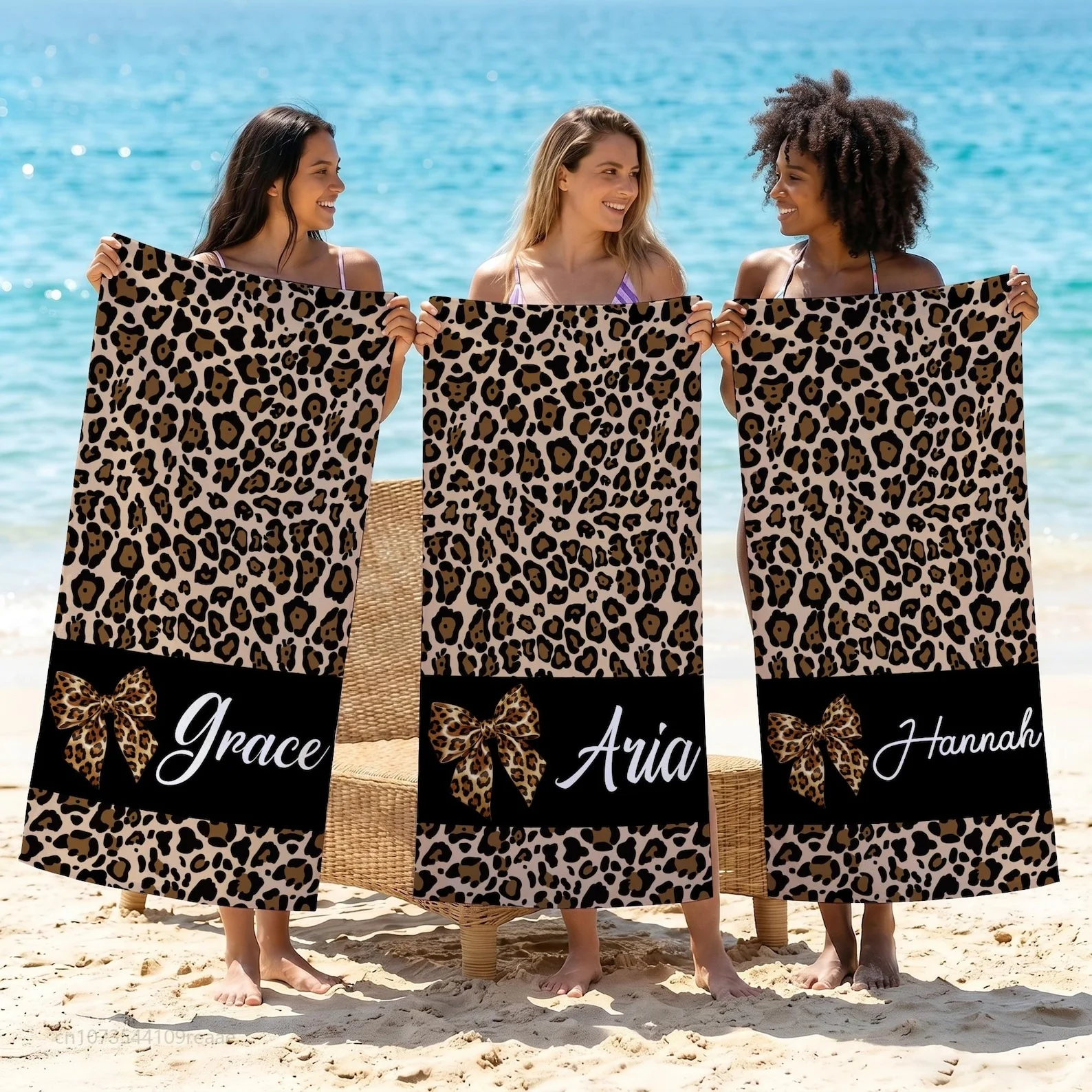 Custom Name Leopard Print Beach Towel Soft Absorbent Pool Gift for Women