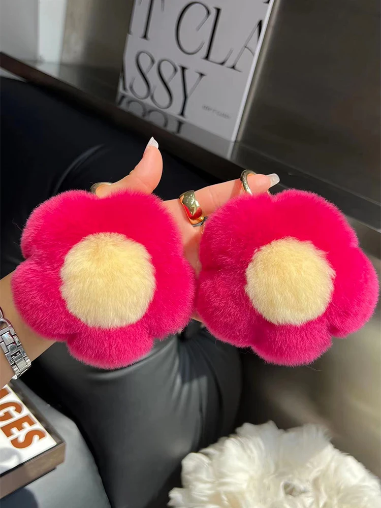 Cute Real Rex Rabbit Fur Flowers Key Chains Plush Ball Toy Girls Bag Hanging Ornaments Women\'s Car Keyring Pendant Birthday Gift