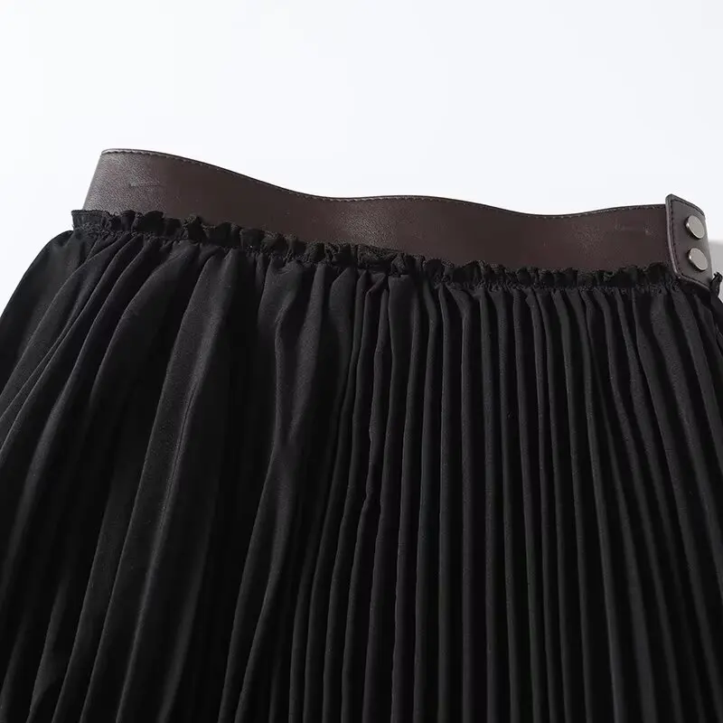 TRAFZA-Women Elegant Pleated Midi Skirt Waist Leather Splicing Glamorous Black Skirt New 2024 Spring Fall Casual Date Skirt