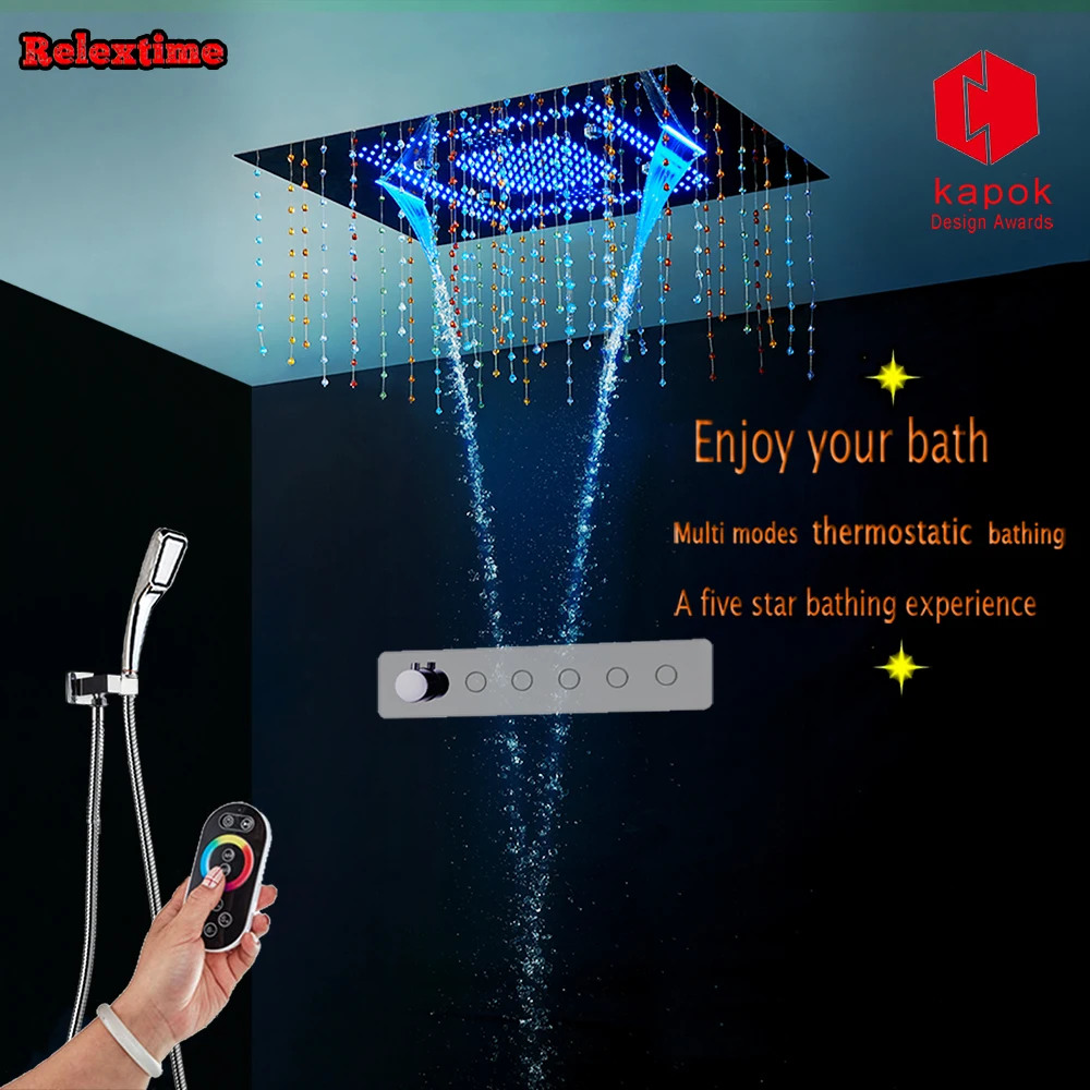 

Crystal Pendant LED Ceiling Shower Head Rainfall Bathroom Push Button Concealed Shower Set Thermostatic SPA Shower Faucet Tap