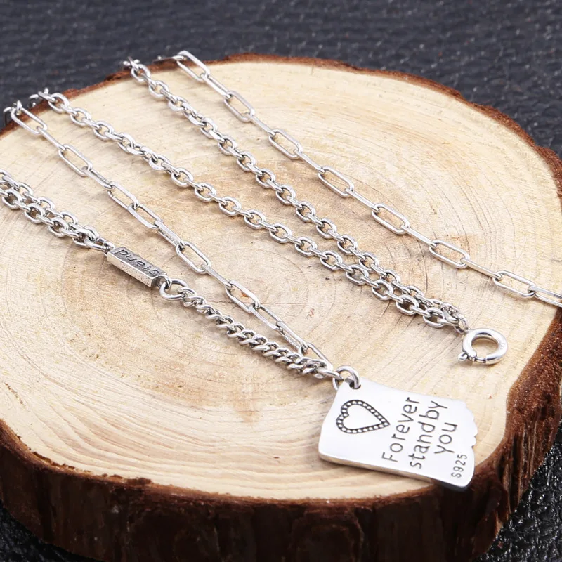 

Women's Asymmetric AB Style Necklace S925 Silver Vintage Thai Finish Small Heart & Letter Pendant Stylish Collarbone Chain