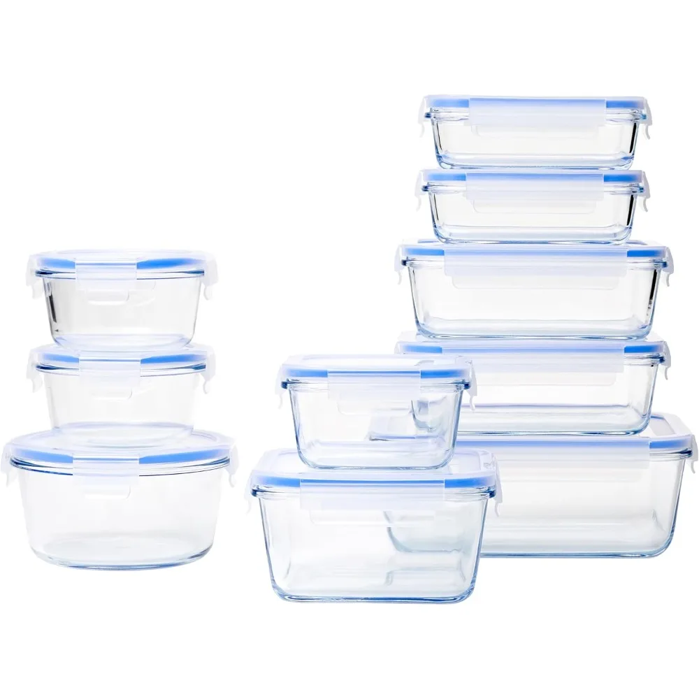 20-Piece Glass Food Storage Containers, 10 Count of Bases and Plastic Lids, Transparent, Blue