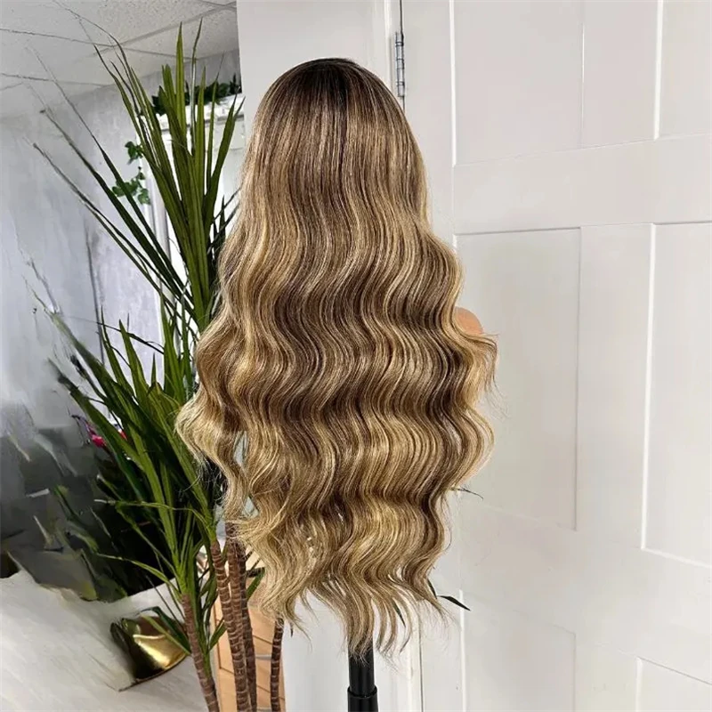 Ombre Brown Blonde Balayage Wig with Dark Roots Synthetic Lace Front Wig Natural Preplucked Hairline 28 Inch Long Body Wave Wig