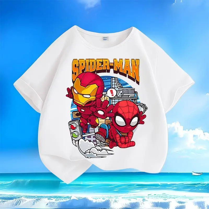 Marvel Spiderman Iron Man niños y niñas verano suave, cómodo y de moda Cool moda dibujos animados Anime patrón camiseta