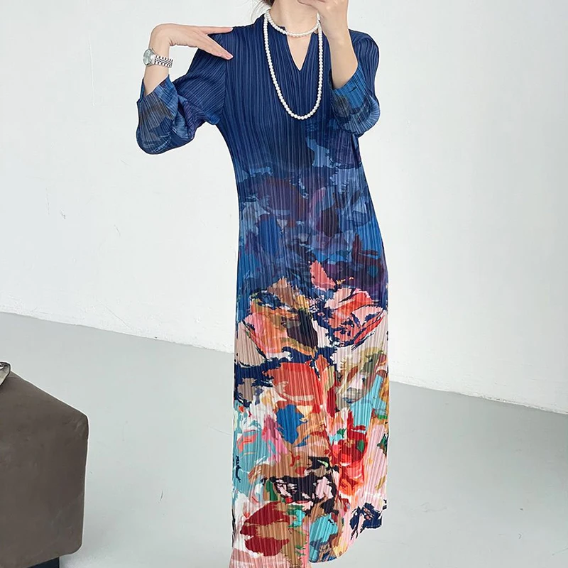 2024 Spring/Summer New High end Oil Painting Print V-neck Slim Fit Dress  vestidos  long dress  boho dress