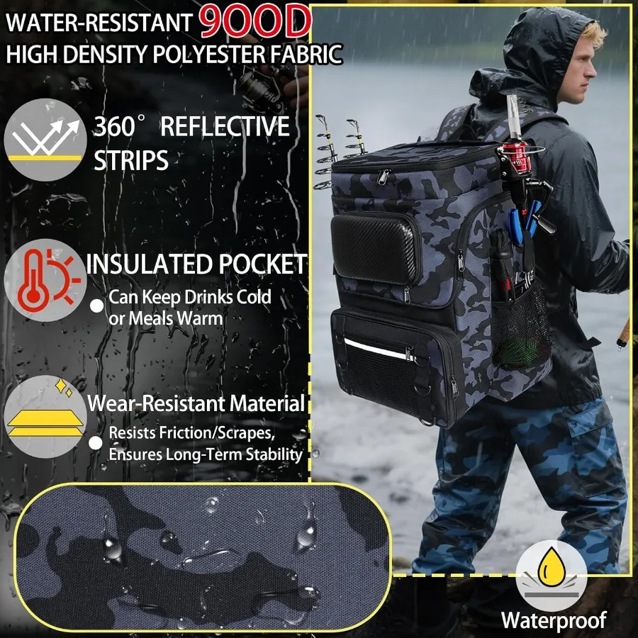 Mochila de pesca grande resistente al agua con soporte para caña y enfriador incorporado para aventuras con caña al aire libre bolsa de aparejos resistente