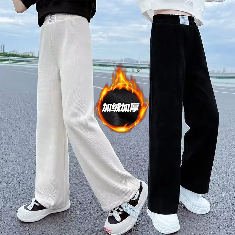 

Girls Pants Autumn Winter Casual Loose Black Pink Color Kids Wide Leg Pants School Teenage Children Trousers 6 8 10 12 14 Years