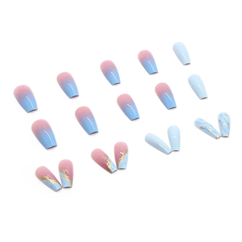 24 stuks draagbare nepnagels blauw vlekkerig middellange doodskist goudfolie kunstnagels volledige dekking nageltips set druk op nagels doe-het-zelf gereedschap