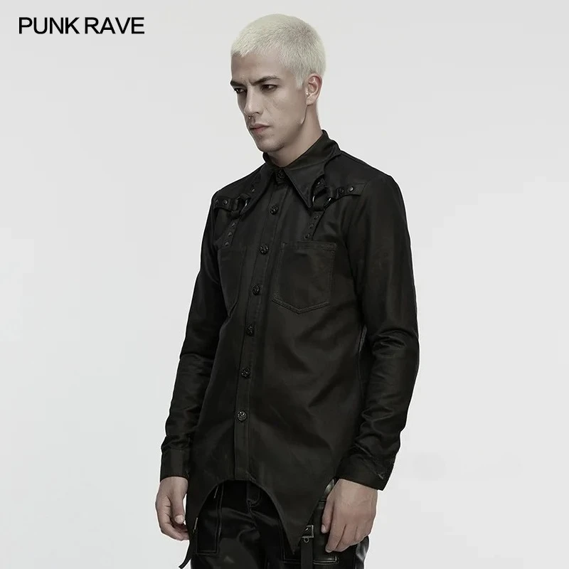 PUNK RAVE Men's Cyberpunk Faux Leather Matte Suede Personalized Bat Collar Shirt Pointed Hem Stylish Cool Club Dark Blouses