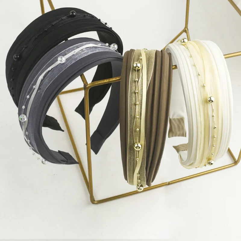 

Изысканные плиссированные широкие повязки для волос с золотыми бусинами, универсальные ободки для волос, женские заколки и аксессуары для причесок