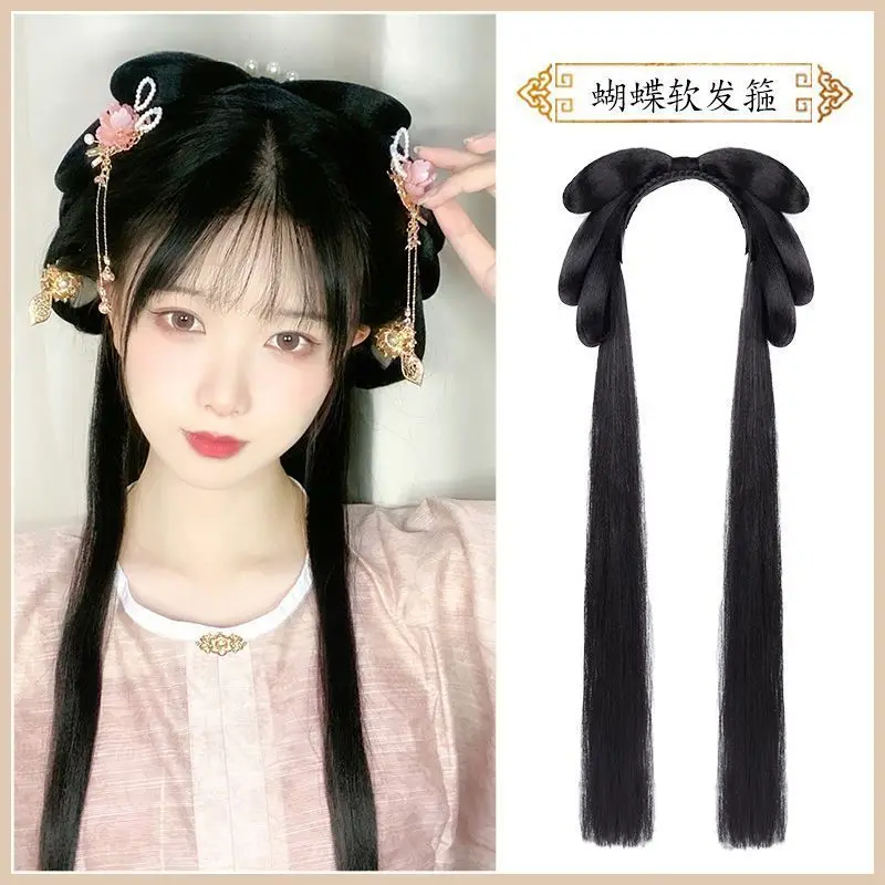 Chinese Hanfu haarhoepelpruik - alles-in-één hoofdband met nepbroodje voor beginners traditioneel kostuumhaarstukje