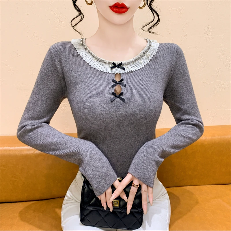 여성용 레이스 트림 매듭 장식 홀 니트웨어 슬림핏 베이스 스웨터 탑 한국 스타일 출퇴근 패션