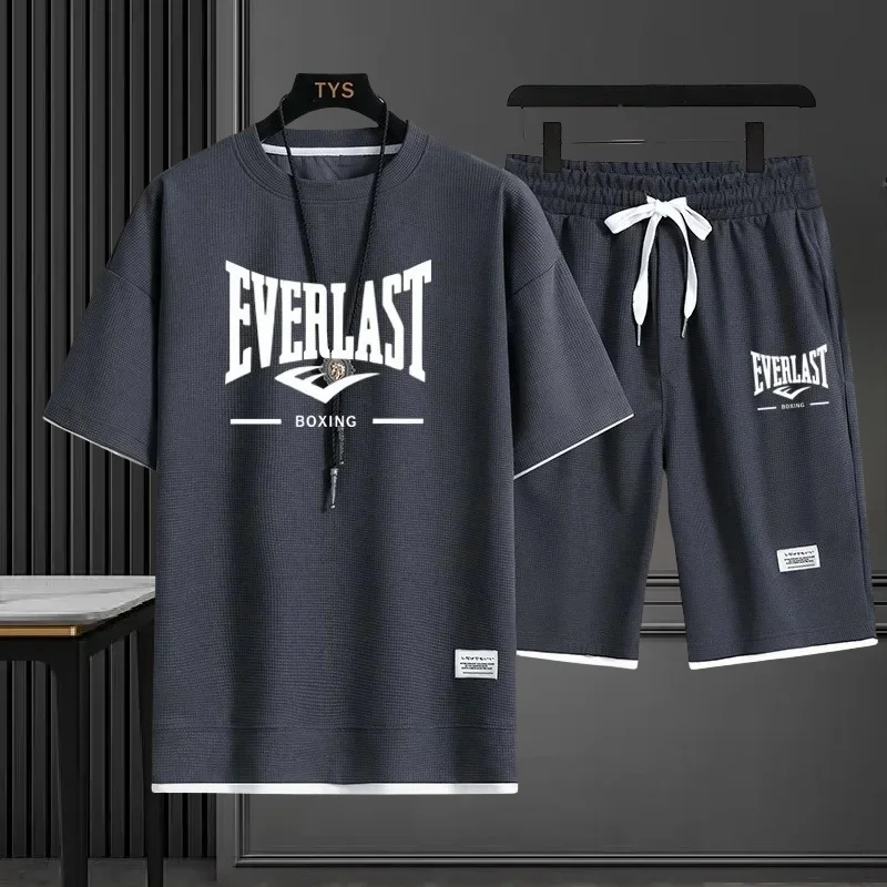 

EVERLAST новый летний мужской повседневный дышащий удобный свободный спортивный комплект модный брендовый мужской вафельный топ + шорты комплект из 2 предметов