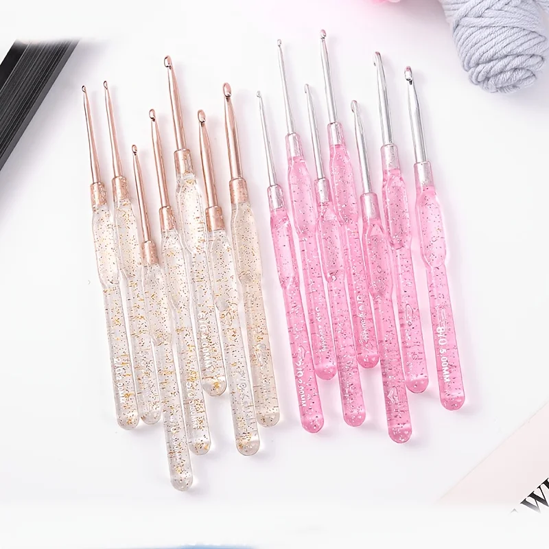 Glitter Transparent Resin Crochet Hooks Set Metal Fine Crochet Needles Small Sizes 2.0mm-6.0mm Ergonomic Handle Knitting Tools