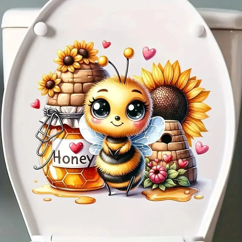 

Cute Cartoon Bee Sunflower Honey Toilet Sticker, Removable Bathroom Wall Decor,PVC Sticker for Toilet Lid, Bathroom Decor