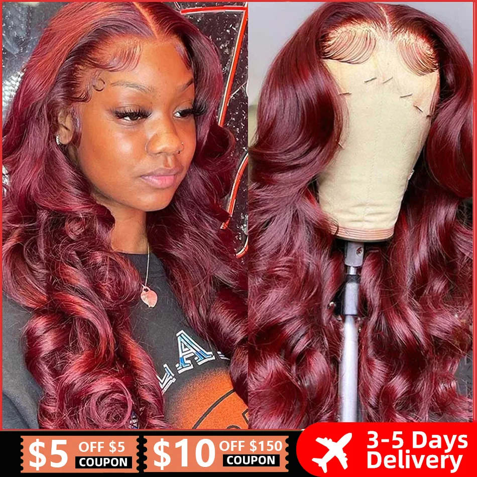 

Burgundy 99J 13x4 Body Wave Lace Front Human Hair Wig Brazilian Red Colored Remy Wigs For Women HD Transparent Lace Frontal Wig