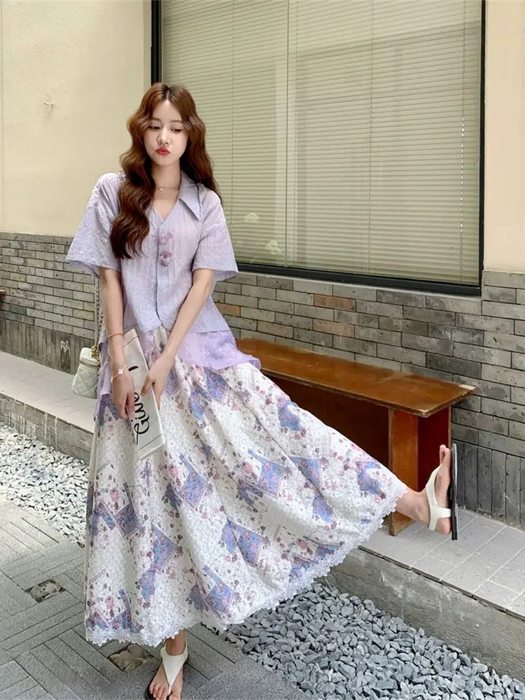 

plus Size Summer irt And Skirt Set Women's Loose Fit Floral Print Tee Piece Suite Purple Color Sweet Sle for Plump MM