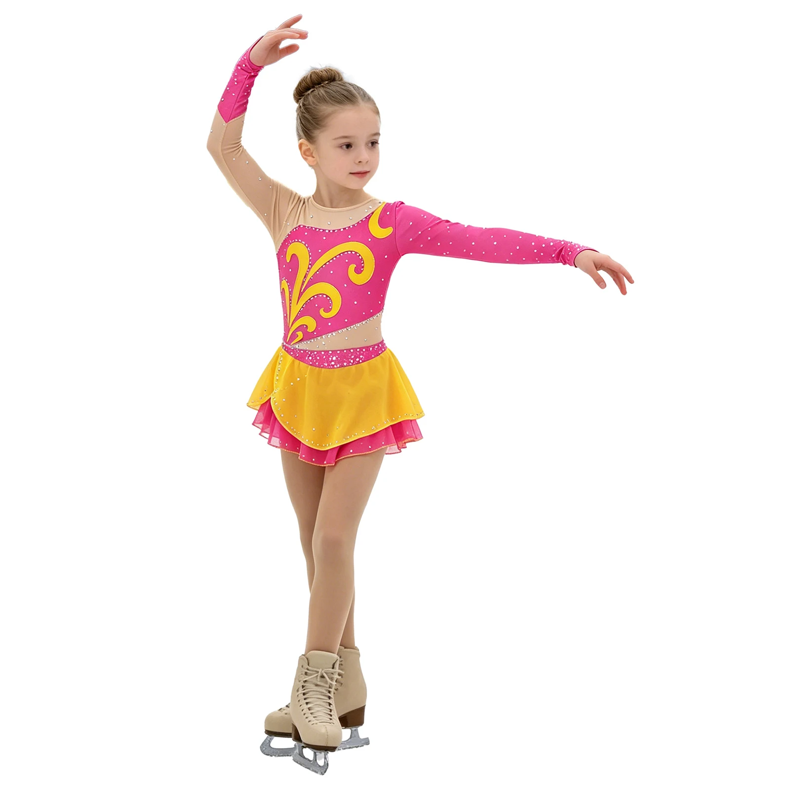 Girls Figure Skating Rhythmic Gymnastics Dress Long Sleeves Shiny Rhinestones Mesh Tutu Leotard Ballet Dance Modern Dancewear