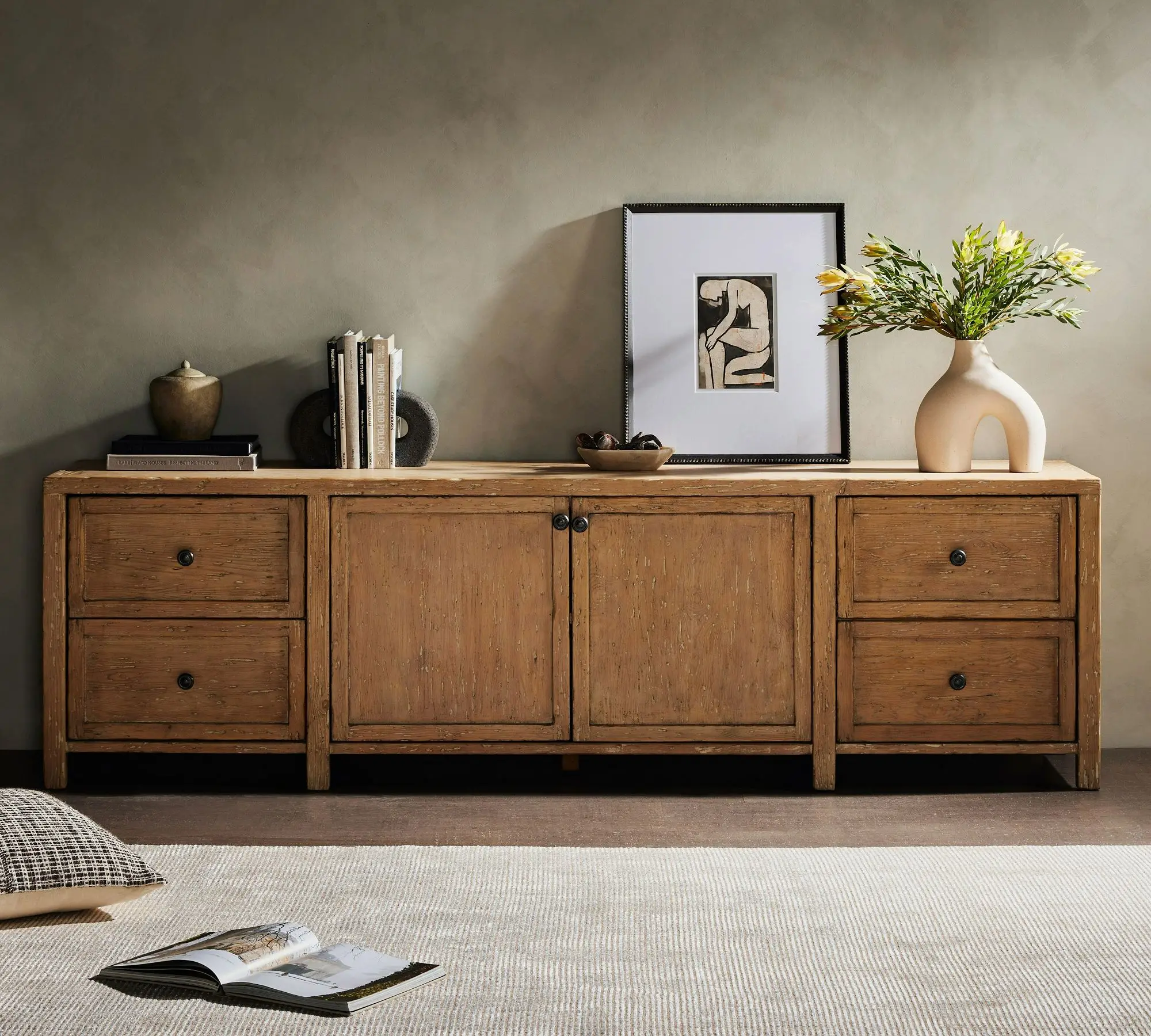 *Modern Luxury Solid  Console Distressed Copper Hardware Adjustable Shelf Magnetic Closure Dovetail Drawers Console Tables