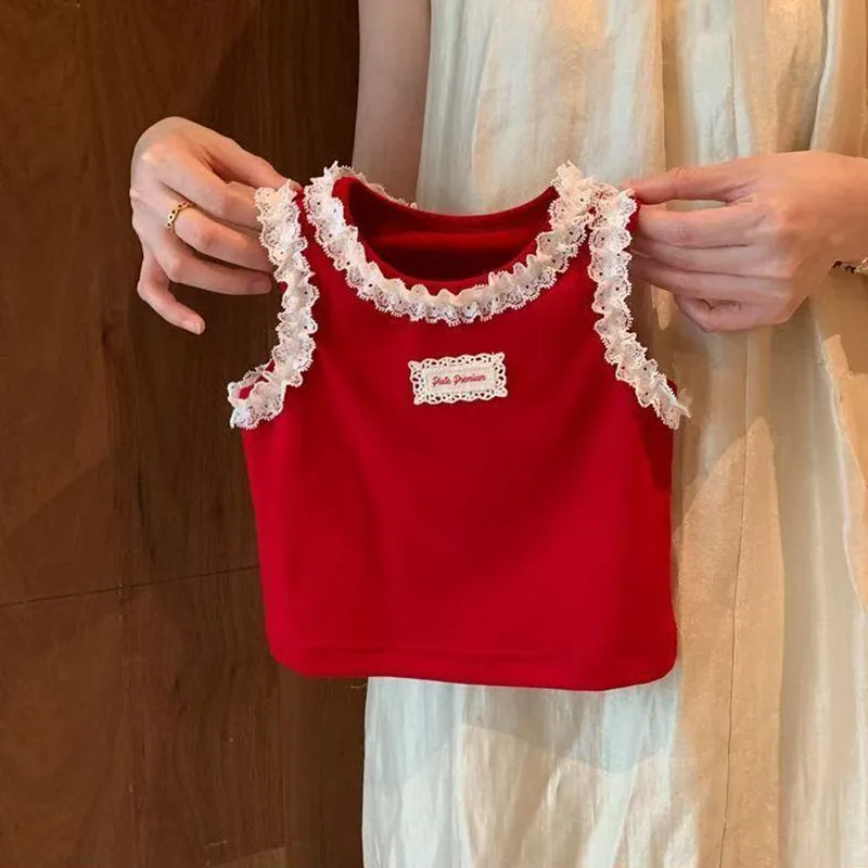 

Girls T-shirt Summer New Red Versatile Ruffle Lace Sleeveless Top Children's Baby Outerwear Vest Fashion Trends