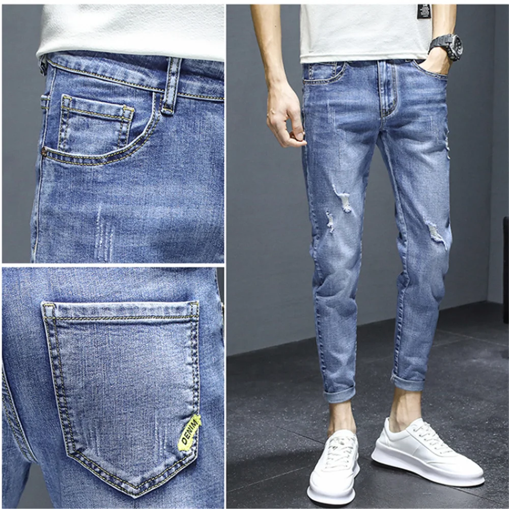 Mannen Jeans Knie Gat Ripped Stretch Skinny Denim Broek Effen Kleur Blauw Herfst Zomer Hip-Hop Stijl Slim Fit broek Mannen Broek