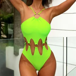 Sexy Green Metal Ring Backless Swimwear One Piece Swimsuit Women 2026 Hollow Out Monokini High Leg Cut Bathing Swimming Suit