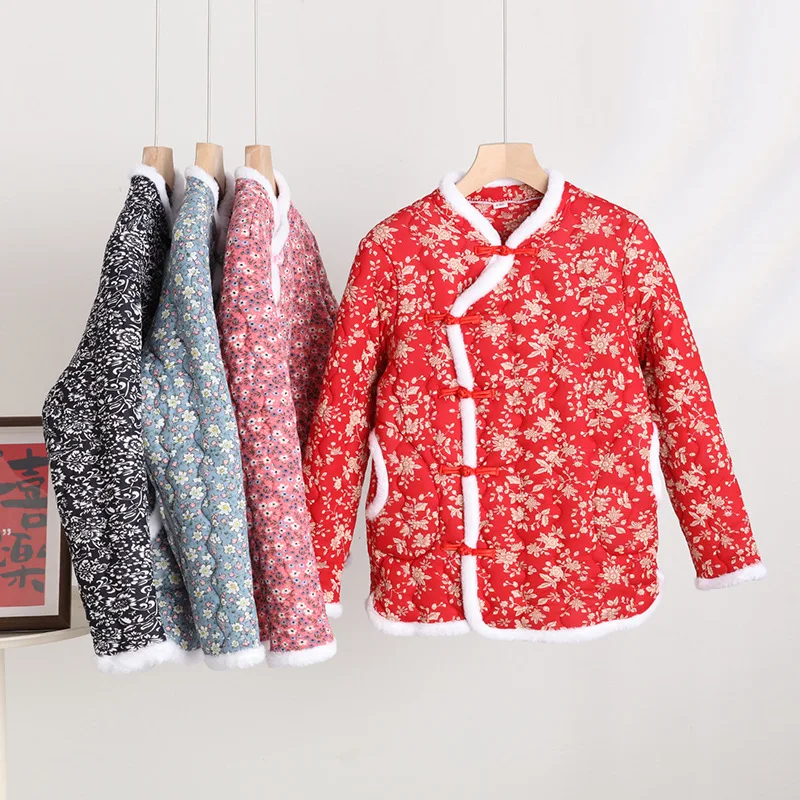 

Утепленная хлопковая куртка в новом китайском стиле с крупным цветочным принтом, ретро-пуговицами, популярная зимняя верхняя одежда, длинный рукав, стандартный крой