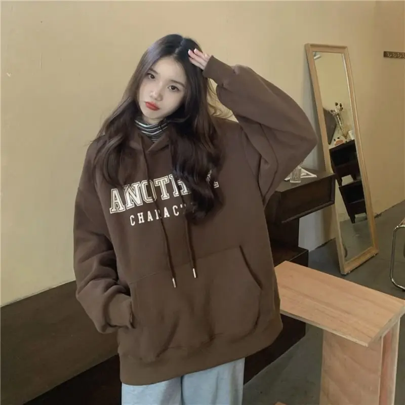 

Hooded Cotton Hoodies Poleron Woman Teens Clashing Three-Dimensional Patch Washed Stitching Contrast Contrast-Color Khaki Ol
