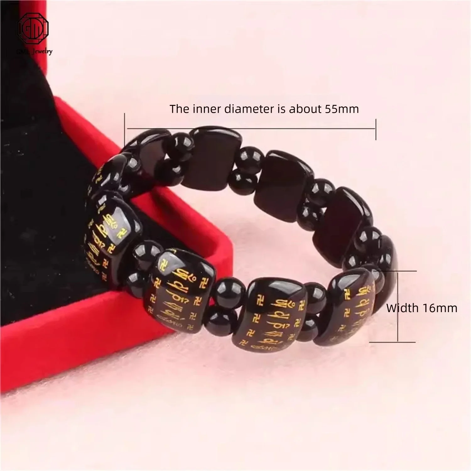 Obsidian Beaded Mantra Square Tag Bracelet Men Natural Stone Double Row Six Word Amulet Buddhist Healing Spiritual Energy