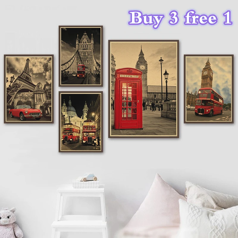 London Red Telephone Booth Kraft Paper Poster Livingroom Bedroom Home Decor Retro Wall Sticker