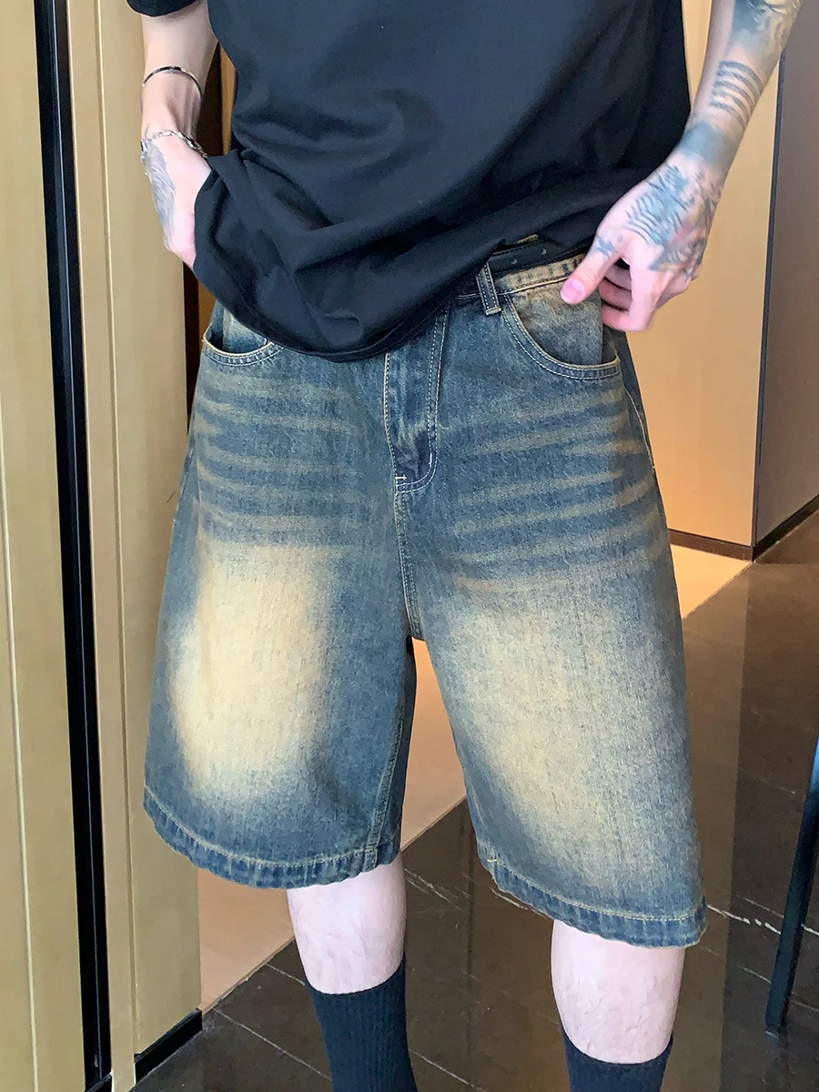 REDDACHIC Vintage Wash Whiskers Denim Shorts Men Straight Wide Leg Casual Baggy Jeans Jorts Male Trousers Harajuku Y2k Clothes